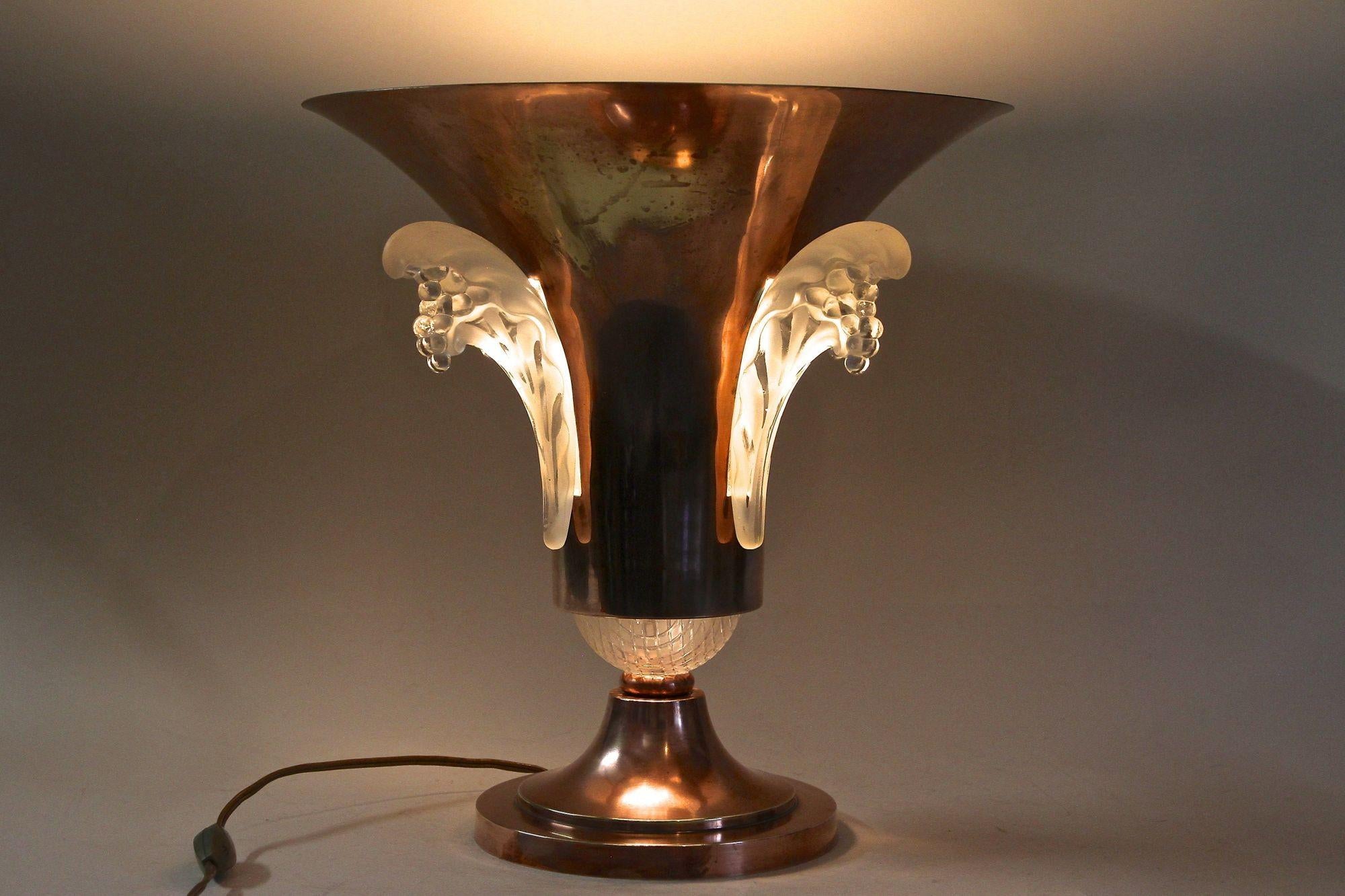 Art Deco Copper Table Lamp with Lalique Glass Elements, France, circa 1925 For Sale 15
