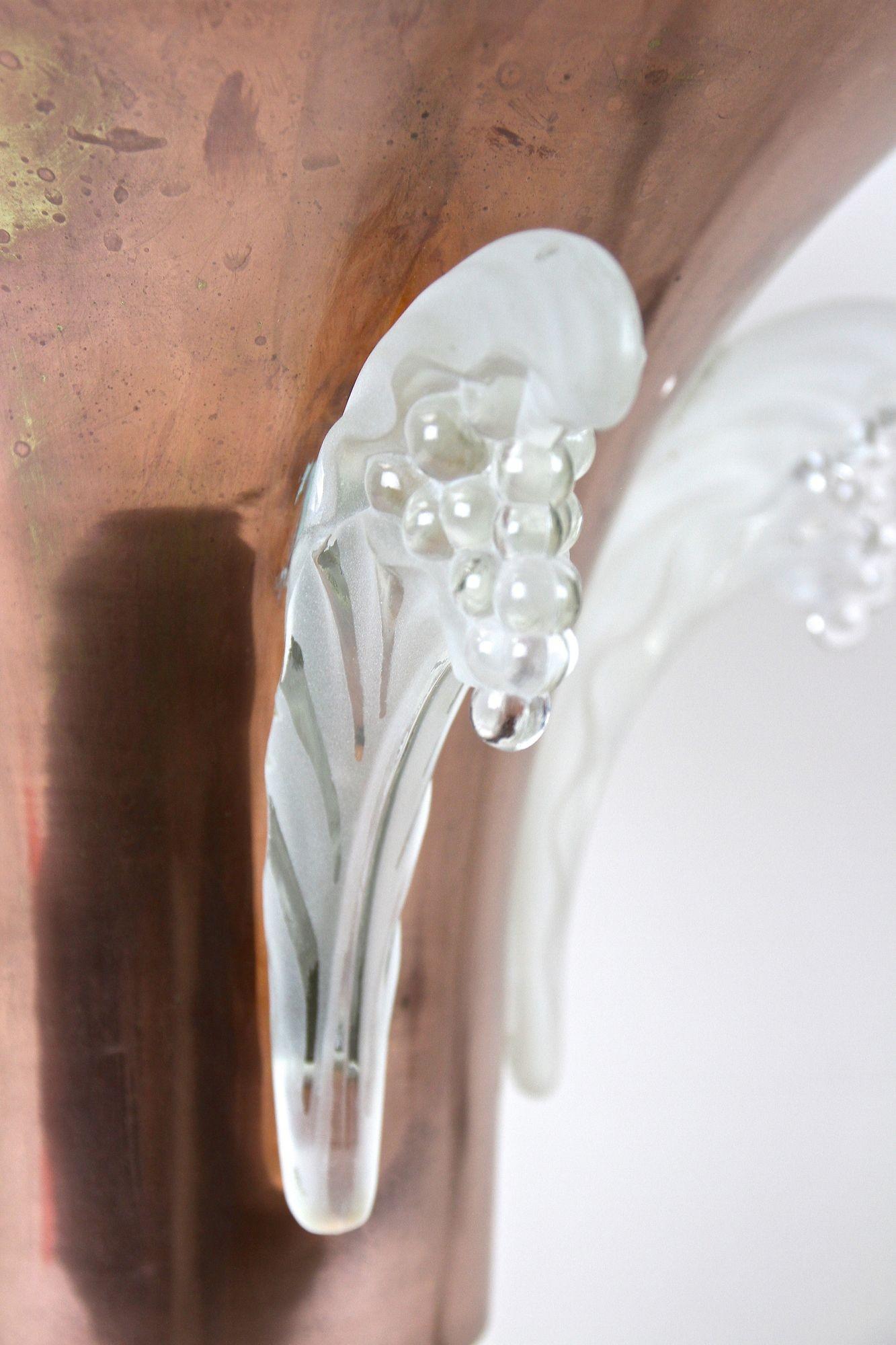 French Art Deco Copper Table Lamp with Lalique Glass Elements, France, circa 1925 For Sale