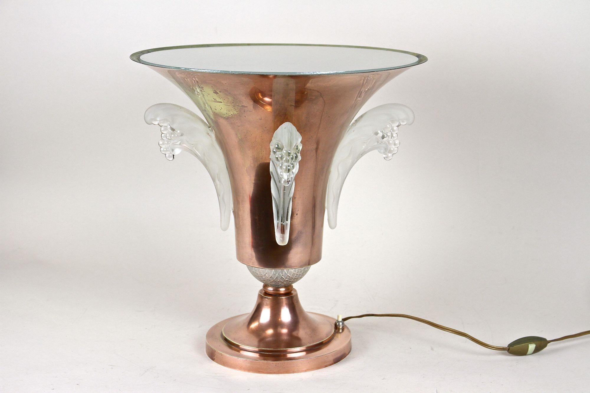 20th Century Art Deco Copper Table Lamp with Lalique Glass Elements, France, circa 1925 For Sale