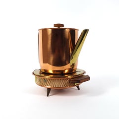 Art Deco Copper Teapot with Wood Lid and Handle and Matching Tealight