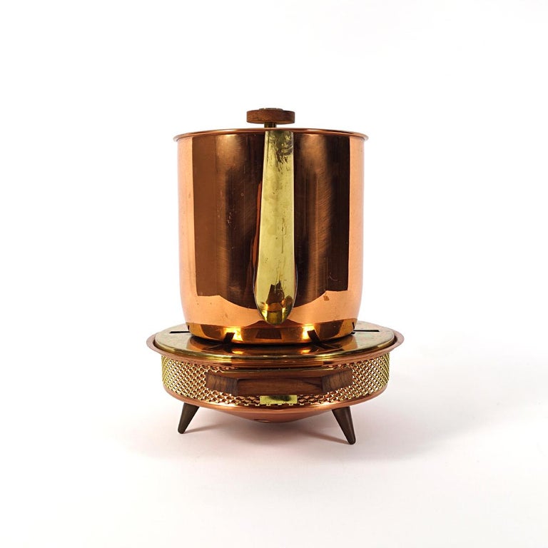 Art Deco Copper Teapot with Wood Lid and Handle and Matching Tealight