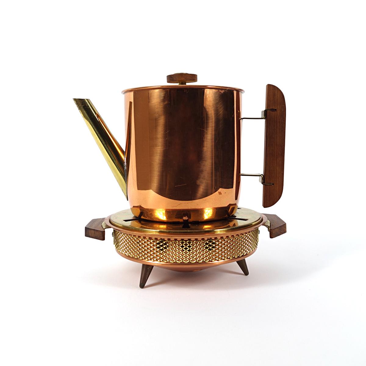 20th Century Art Deco Copper Teapot with Wood Lid and Handle and Matching Tealight For Sale