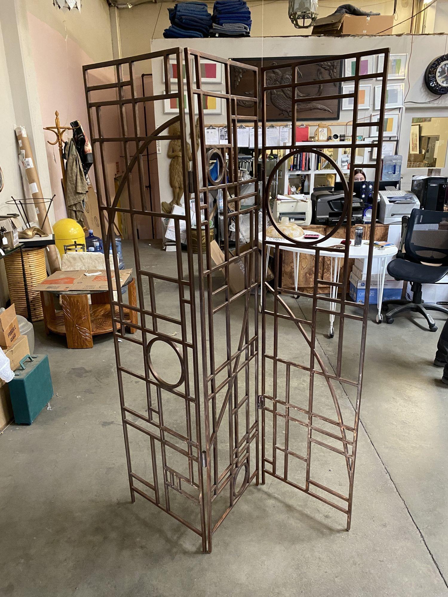 Late 20th Century Art Deco Copper Tone 3 Panel Room Divider Screen For Sale