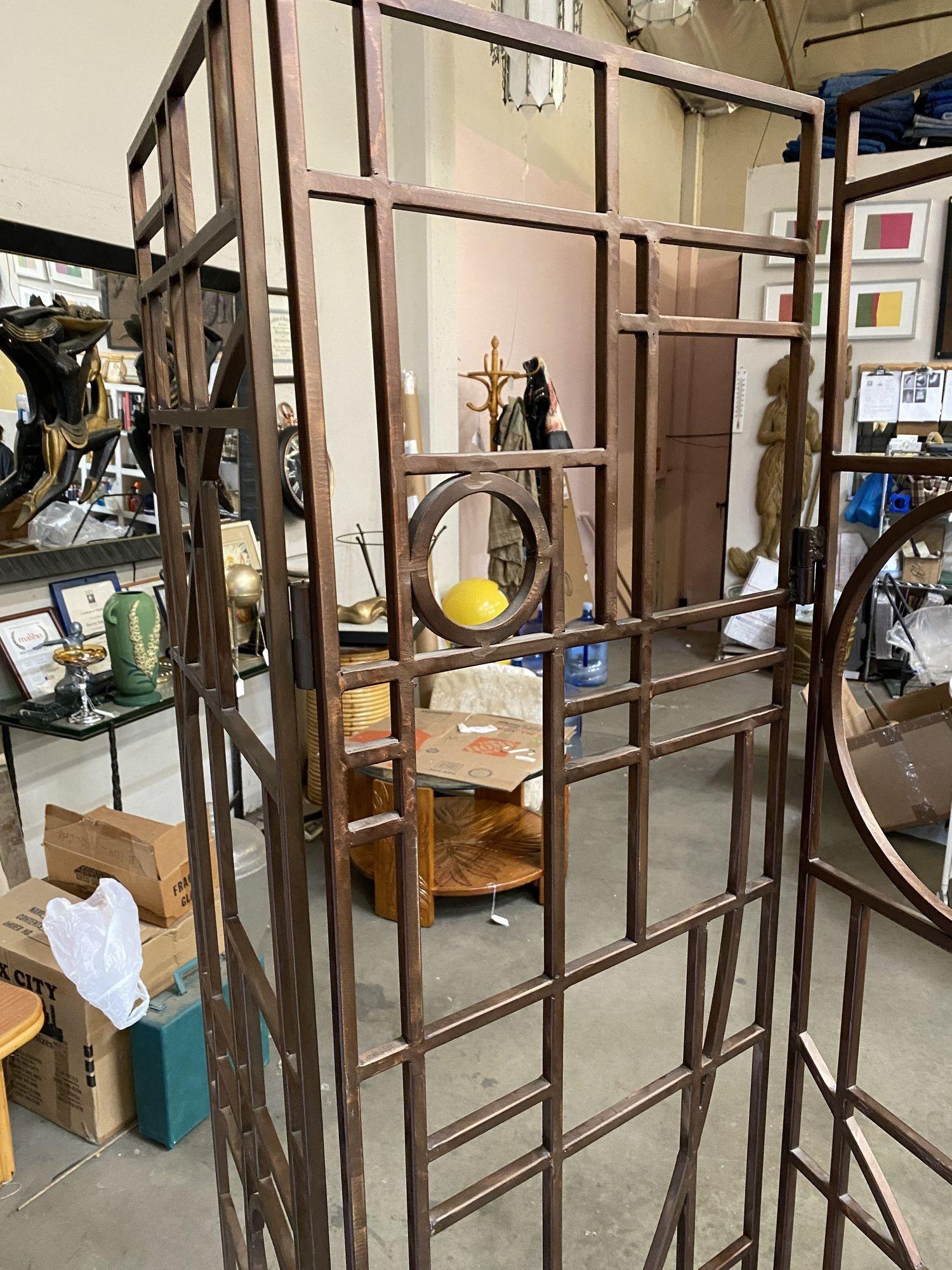 Art Glass Art Deco Copper Tone 3 Panel Room Divider Screen For Sale