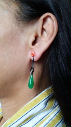 Art Deco Style Coral and Jade Gold Diamonds Black Enamel Drop Earrings
