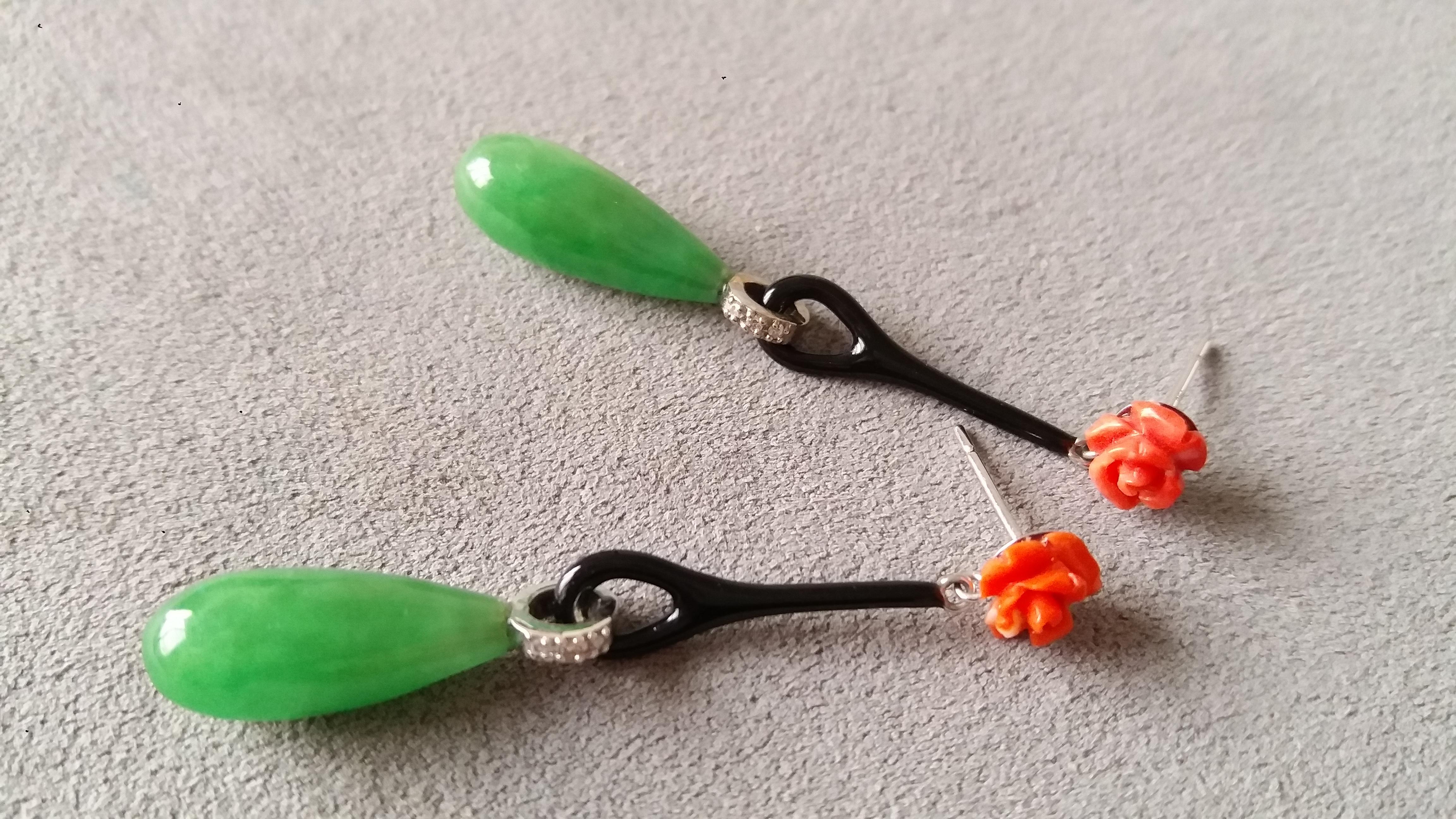 Mixed Cut Art Deco Style Coral and Jade Gold Diamonds Black Enamel Drop Earrings For Sale