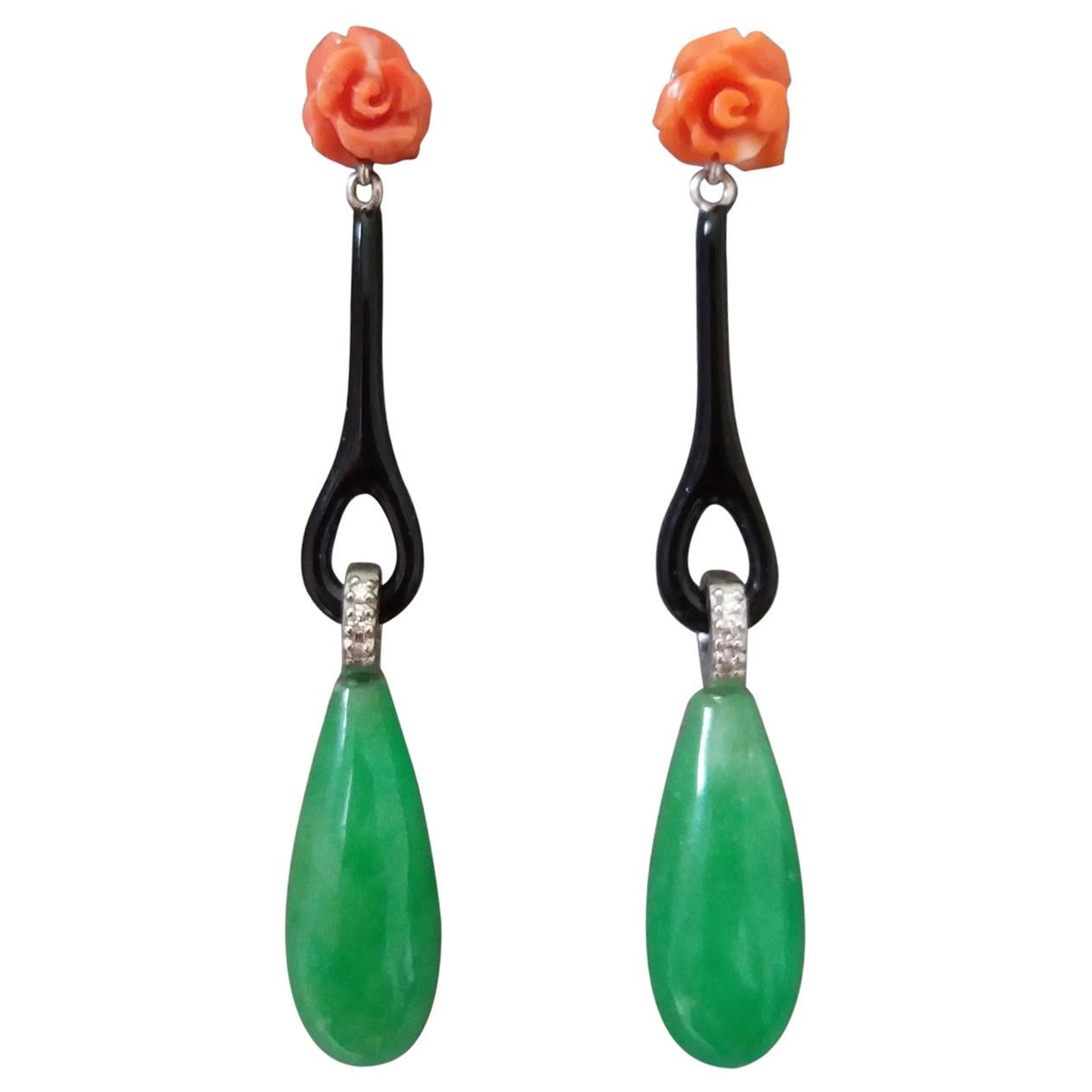 Art Deco Style Coral and Jade Gold Diamonds Black Enamel Drop Earrings For Sale
