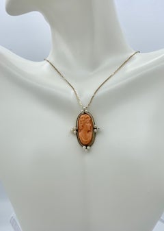 Art Deco Coral Cameo Pendant Necklace Gold Pearl Neoclassical Goddess Woman