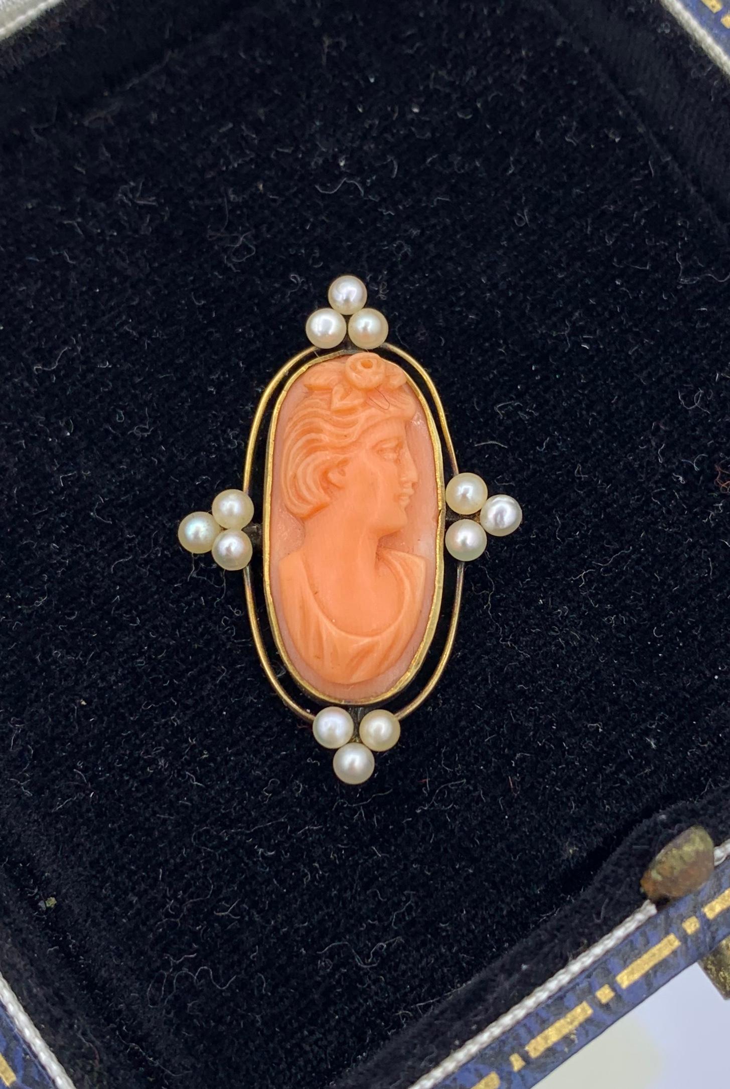 Portrait Cut Art Deco Coral Cameo Pendant Necklace Gold Pearl Neoclassical Goddess Woman For Sale