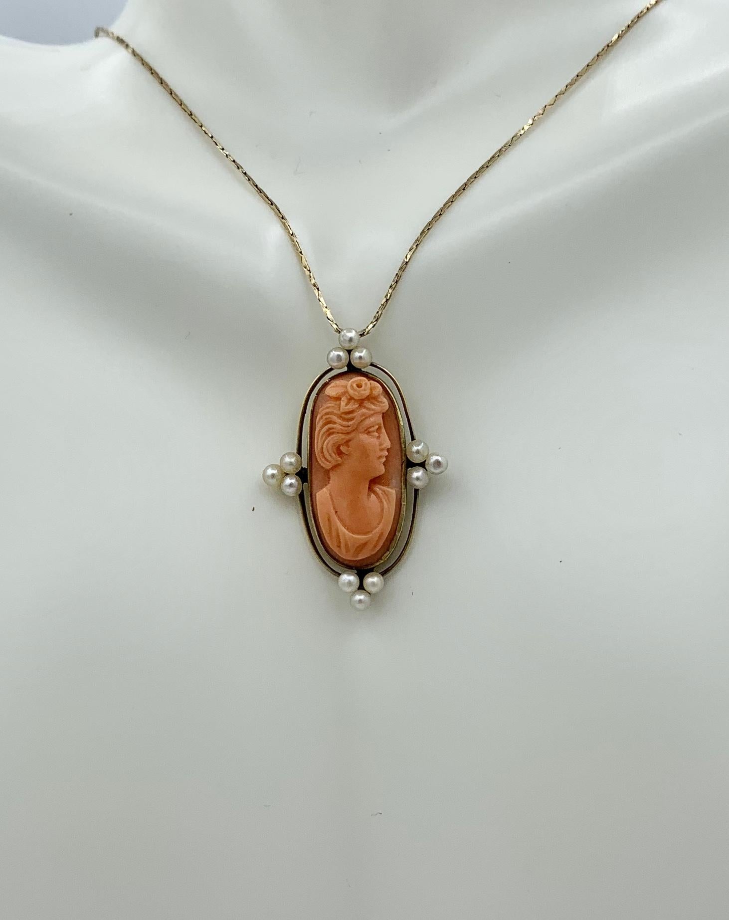 Art Deco Coral Cameo Pendant Necklace Gold Pearl Neoclassical Goddess Woman In Excellent Condition For Sale In New York, NY