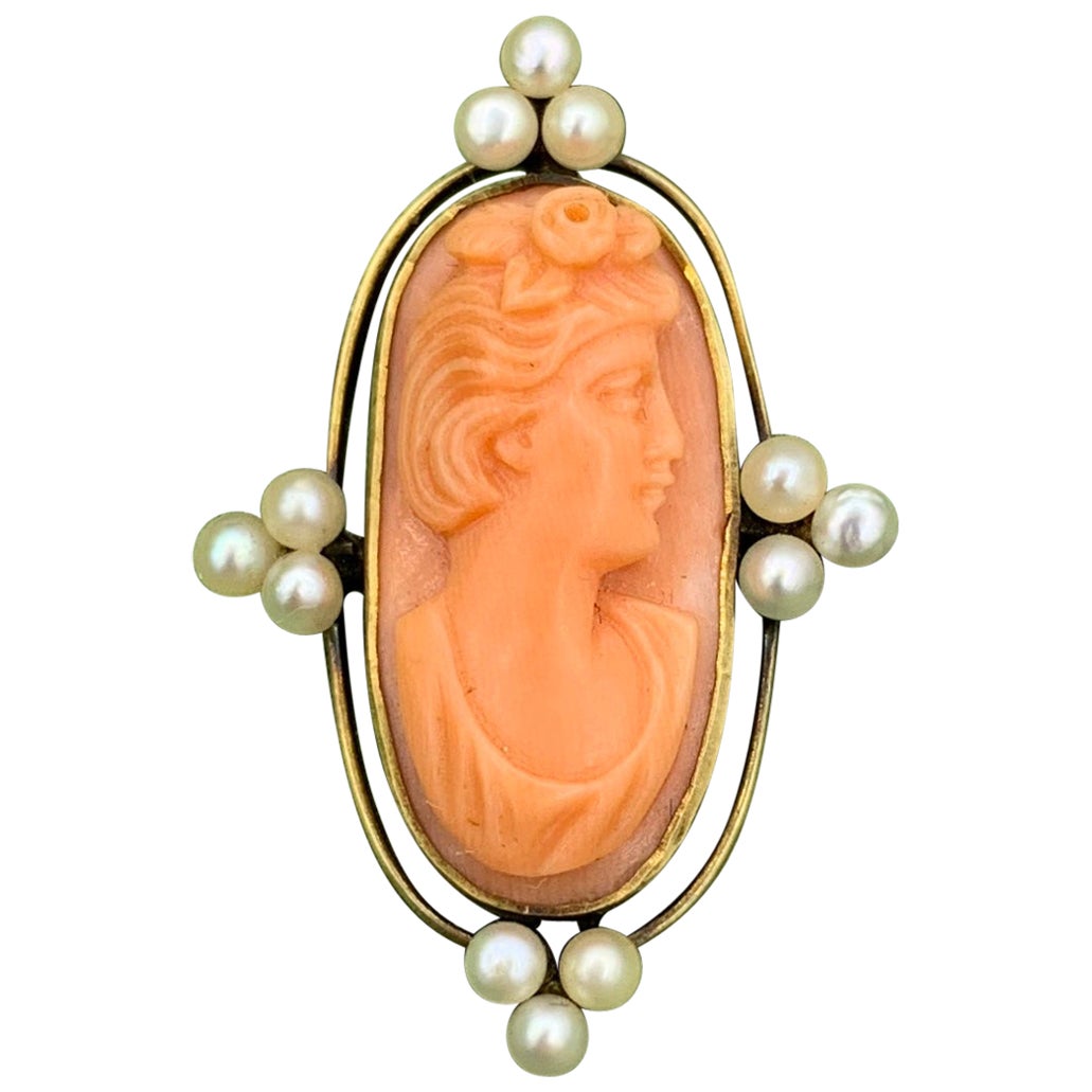 Art Deco Cameo di corallo Collana di perle d'oro Dea neoclassica Donna