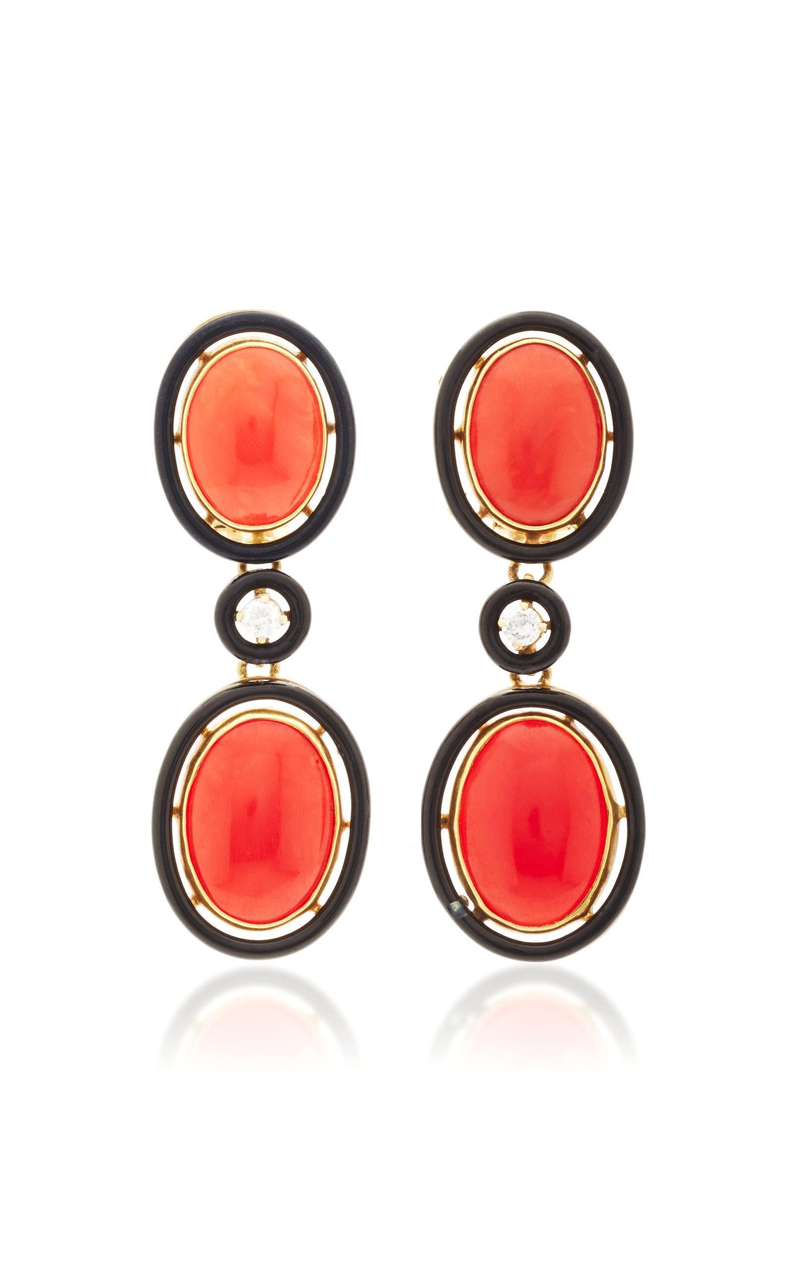 Women's Art Deco Coral Black Enamel Ear Pendants