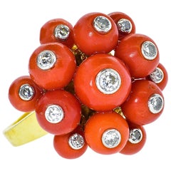 Art Deco Coral, Diamond, 18 Karat Yellow Gold and Platinum Ring, circa 1919