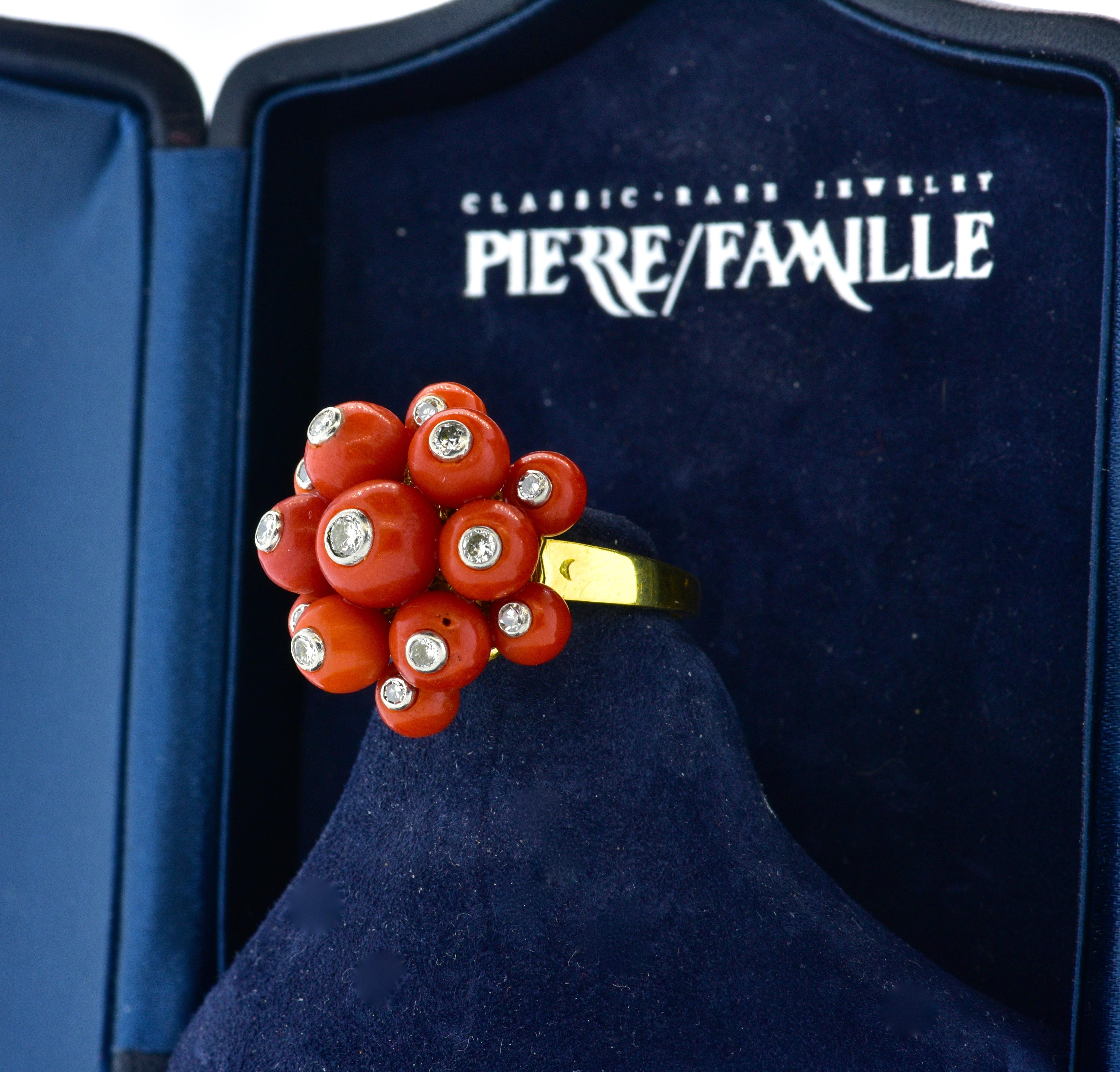Art Deco Coral, Diamond, 18 Karat Yellow Gold and Platinum Ring, circa 1919
 In Excellent Condition In Aspen, CO