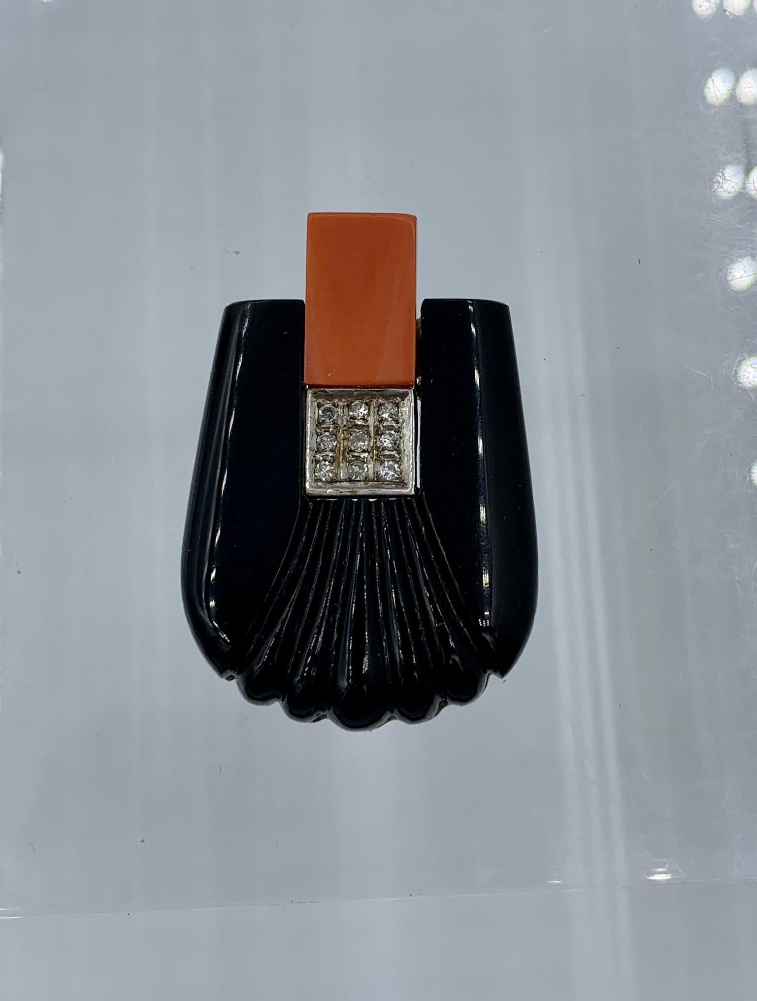 Art Deco Coral Diamond Black Onyx Pendant Necklace 14 Karat Gold Retro 2