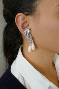 Art Deco Earrings Coral Diamond Platinum Dangle