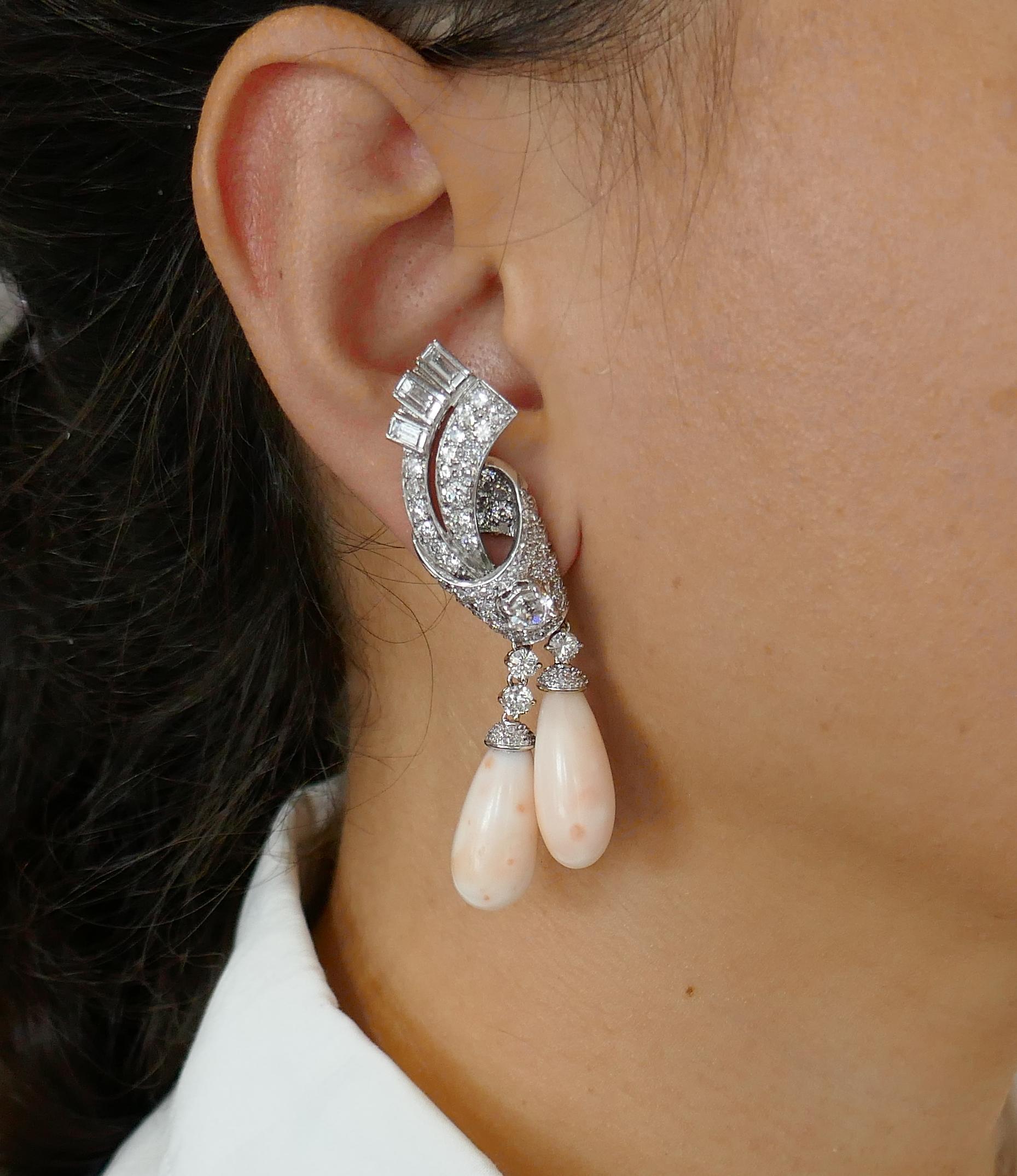 Mixed Cut Art Deco Earrings Coral Diamond Platinum Dangle