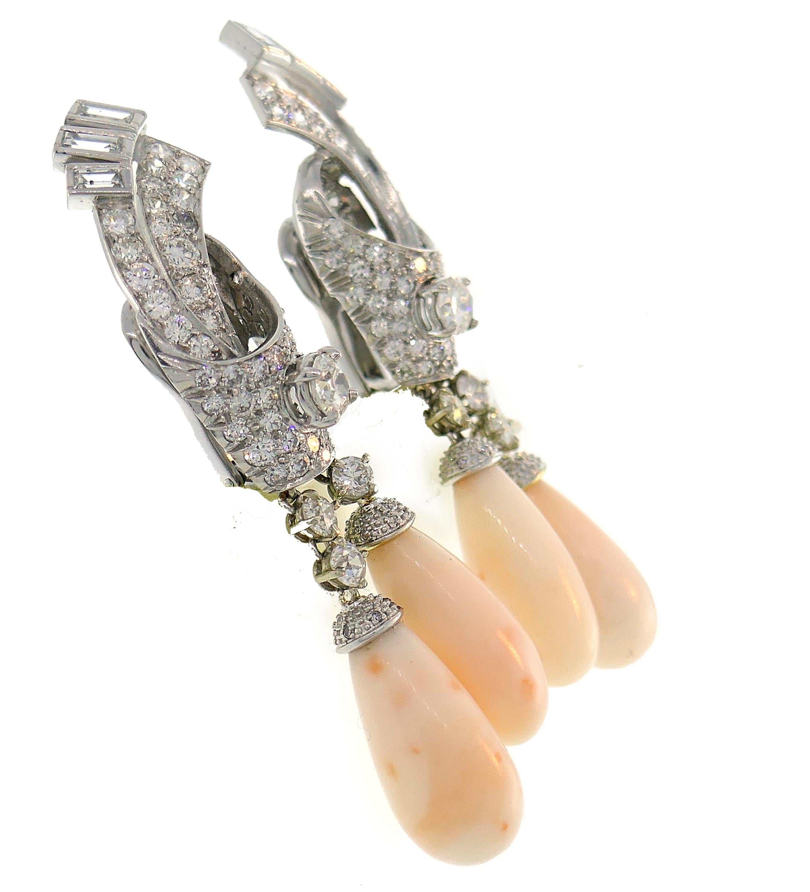 Art Deco Earrings Coral Diamond Platinum Dangle In Good Condition In Beverly Hills, CA