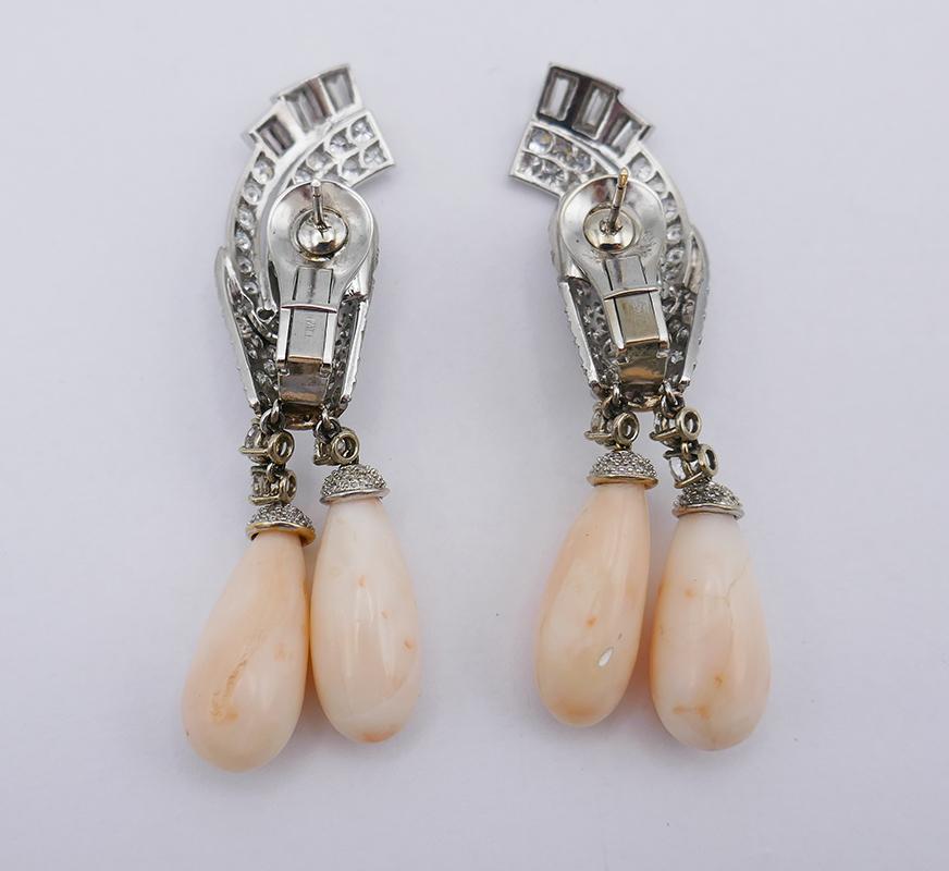 Women's Art Deco Earrings Coral Diamond Platinum Dangle