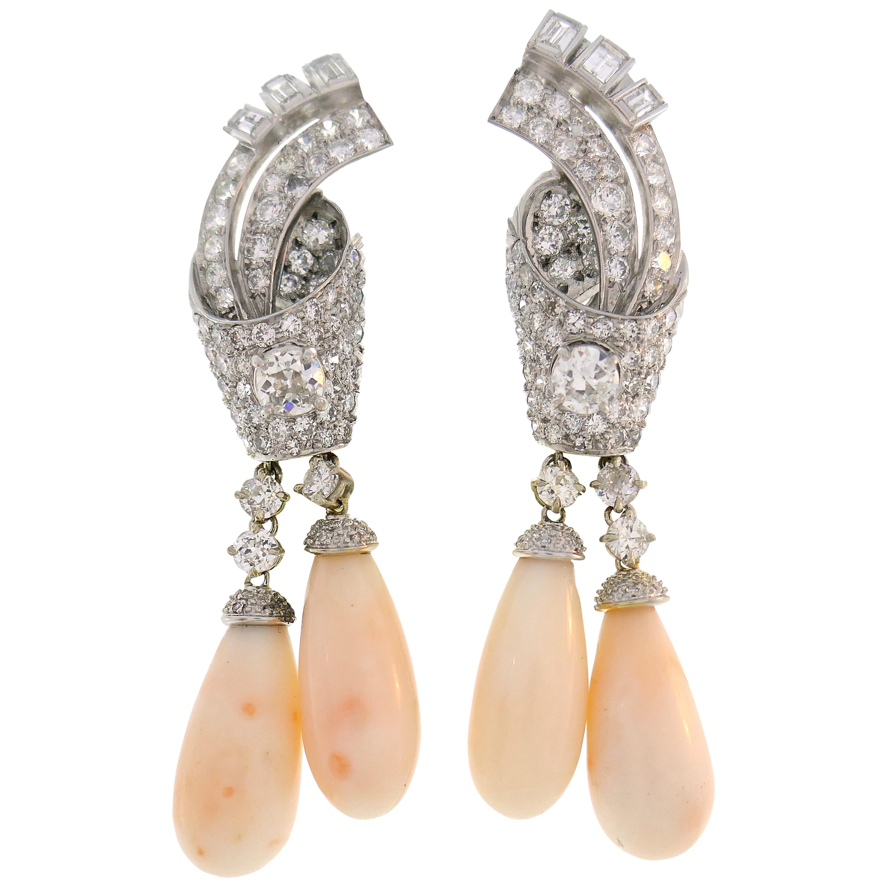 Art Deco Coral Diamond Platinum Dangle Earrings