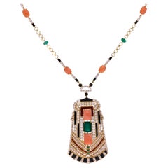Art Deco Coral Emerald SI/H Diamond Pharaoh Necklace 14 Karat Yellow Gold