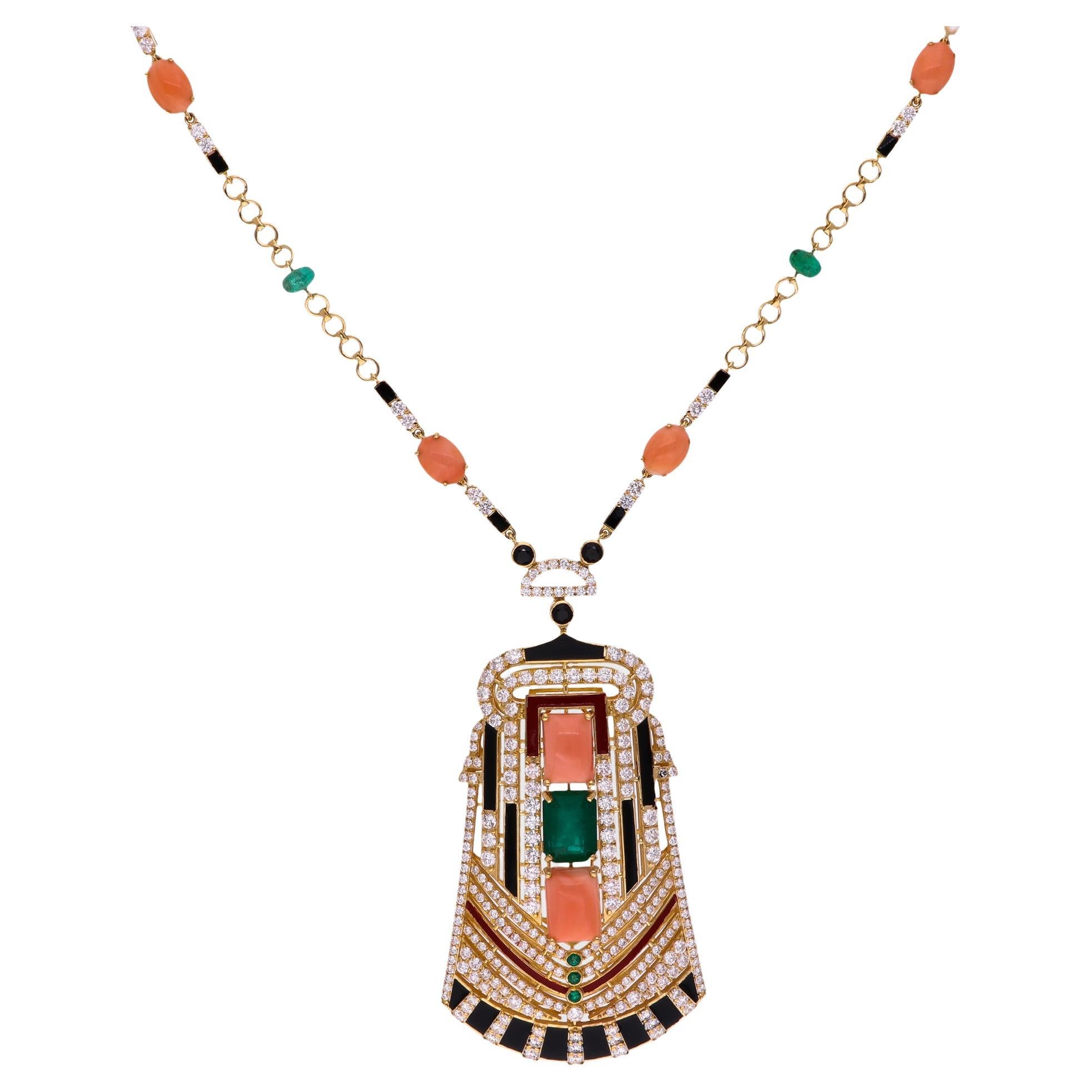 Art Deco Coral Emerald SI/H Diamond Pharaoh Necklace 18 Karat Yellow Gold