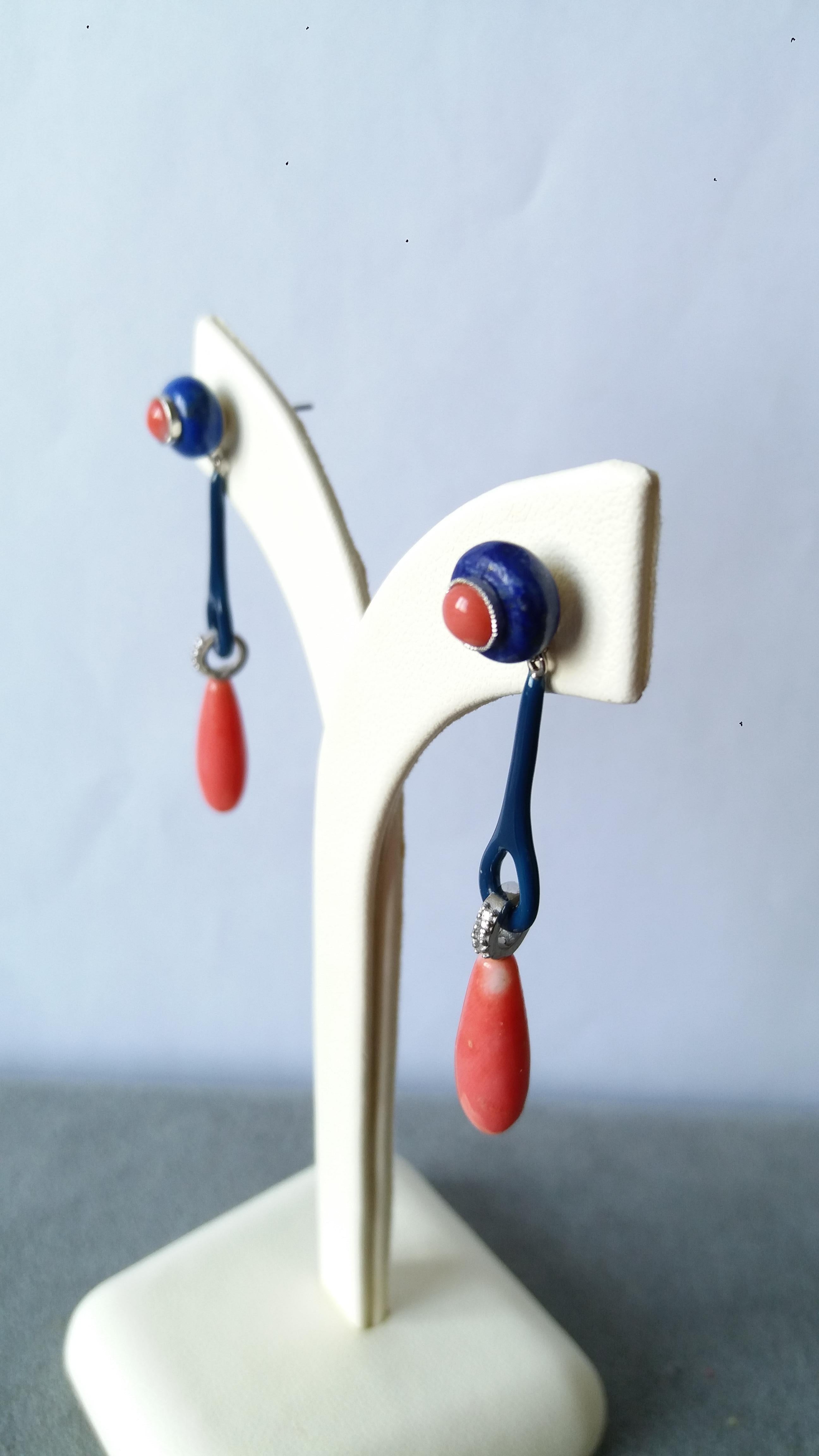 Art Deco Style Coral Lapis Lazuli Gold Diamonds Blue Enamel Drop Earrings In Good Condition For Sale In Bangkok, TH