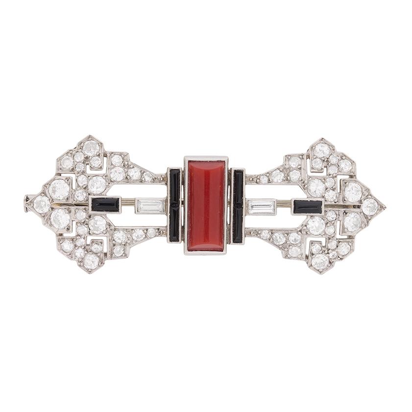 Art Nouveau Art Deco Coral, Onyx and Diamond Brooch, circa 1920s