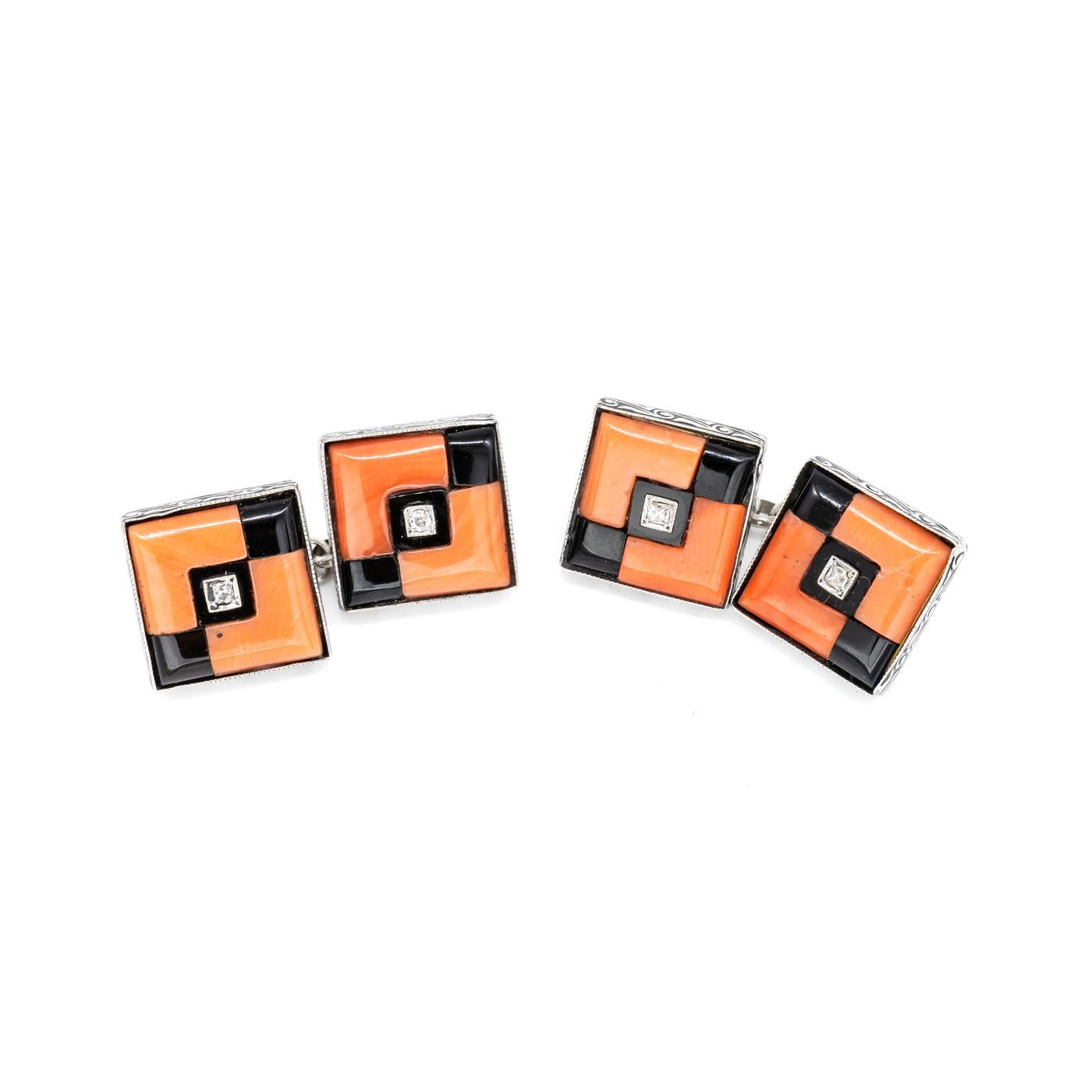 Round Cut Art Deco Coral, Onyx and Diamond Cufflinks, Circa 1930 For Sale