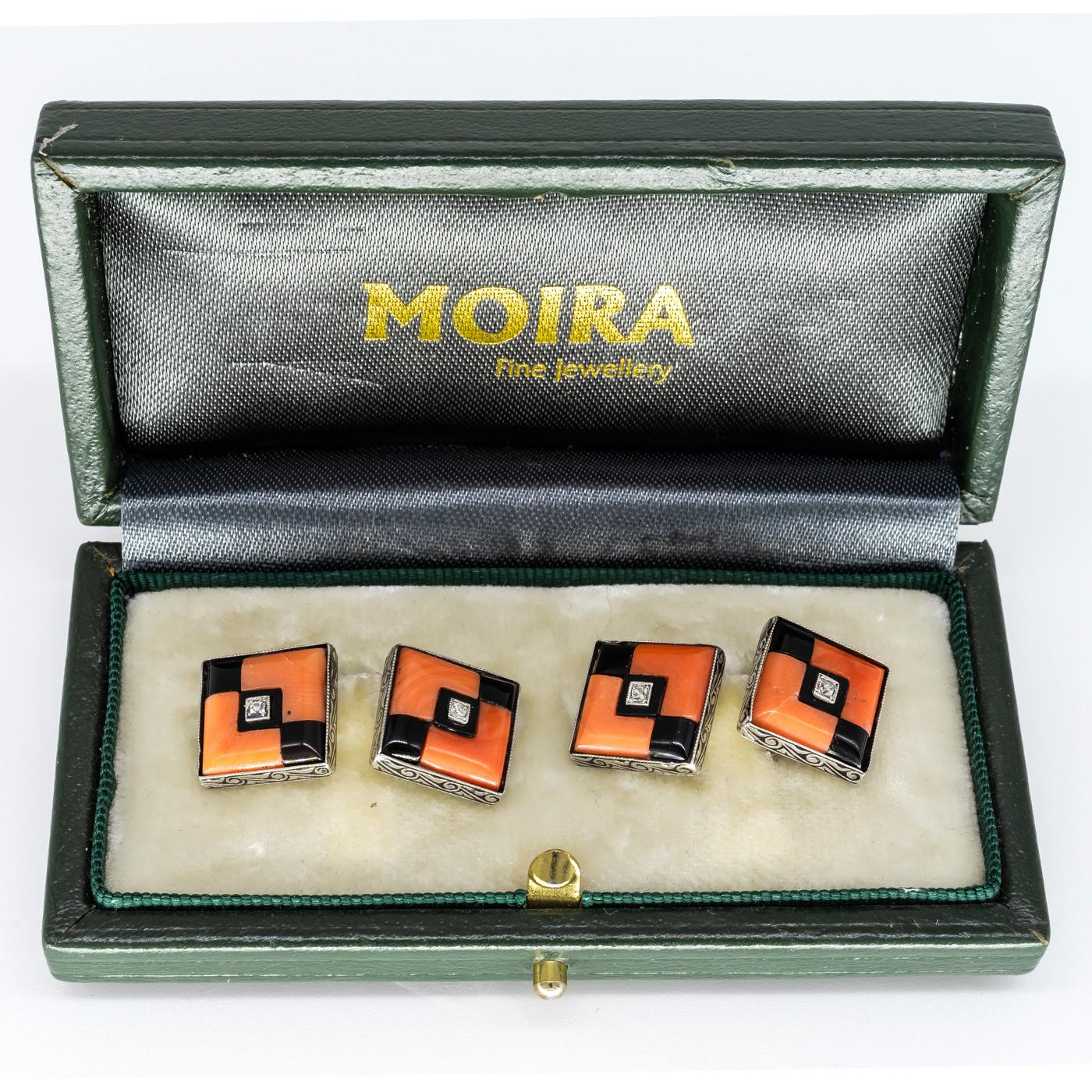 Boutons de manchette Art déco en corail, onyx et diamants, vers 1930 en vente 1