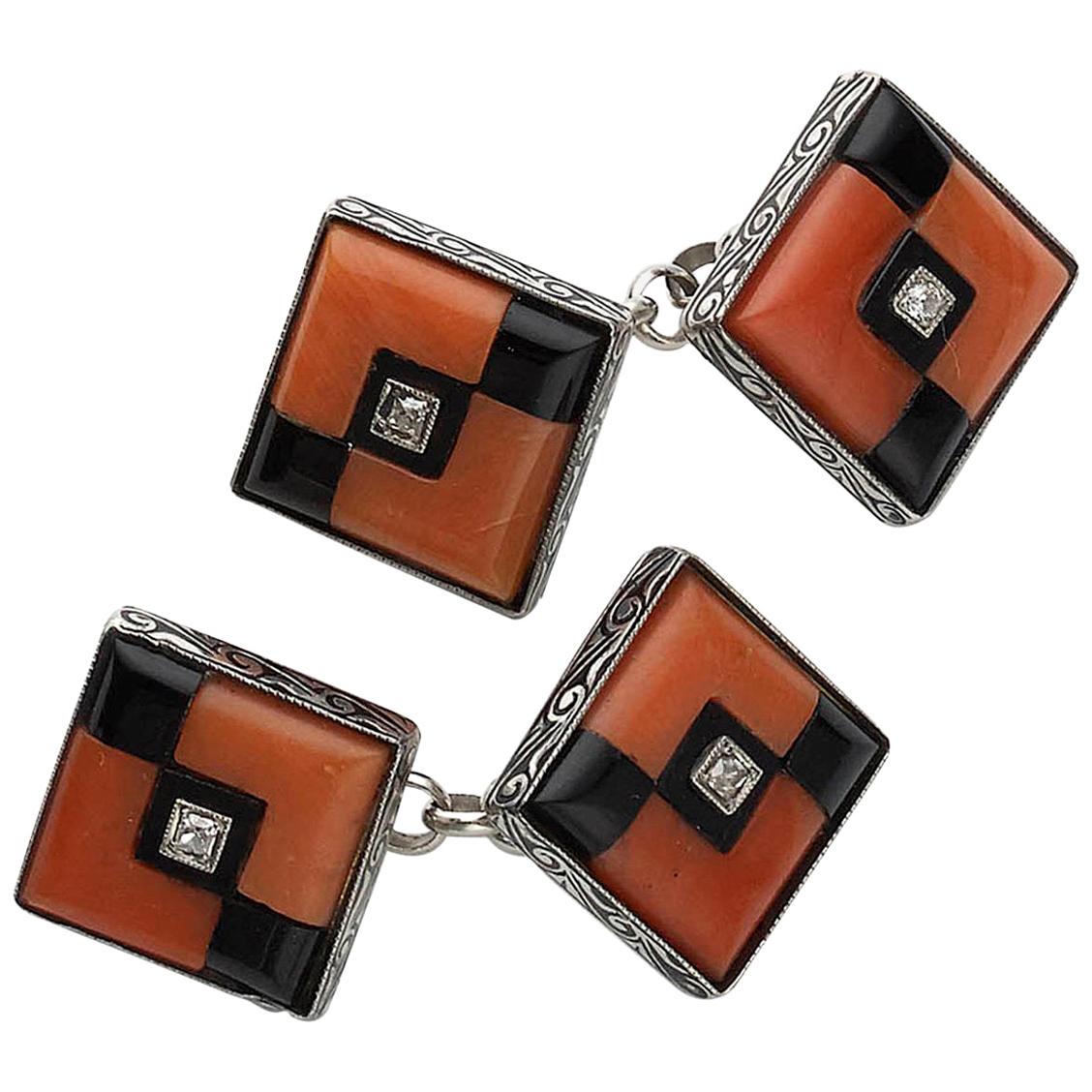Art Deco Coral, Onyx and Diamond Cufflinks, Circa 1930