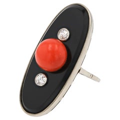 Art Deco Coral Onyx & Diamond Cocktail Trilogy Ring