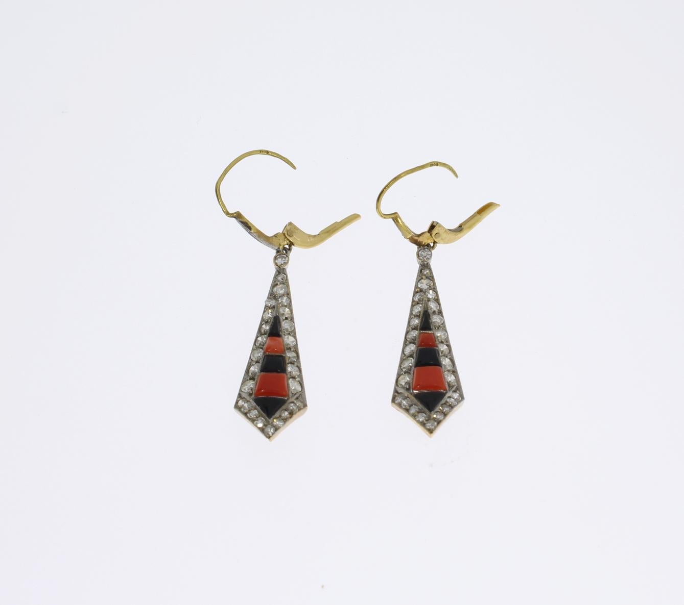 Old Mine Cut Coral Onyx Diamond Gold Platinum Dangle Earrings For Sale