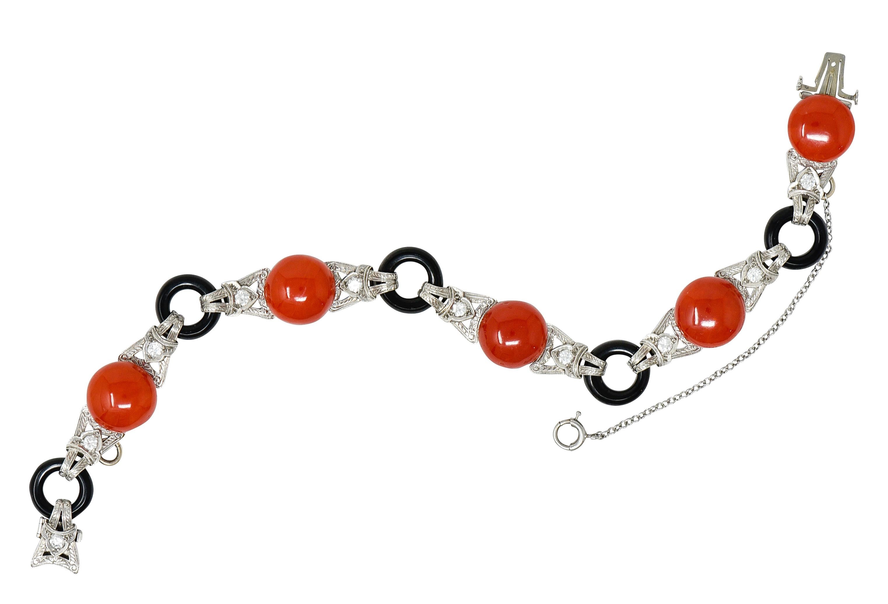 Art Deco Coral Onyx Diamond Platinum Engraved Link Gemstone Bracelet 8