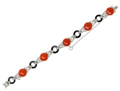 Art Deco Coral Onyx Diamond Platinum Engraved Link Gemstone Bracelet