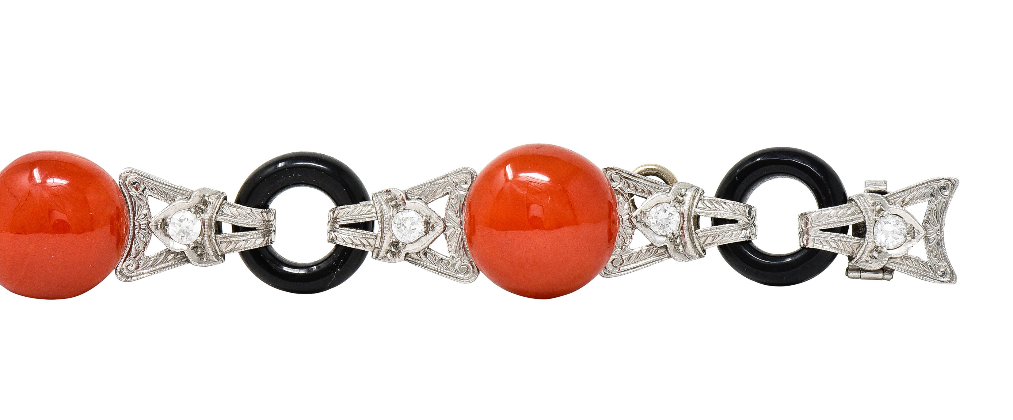 Art Deco Coral Onyx Diamond Platinum Engraved Link Gemstone Bracelet 3