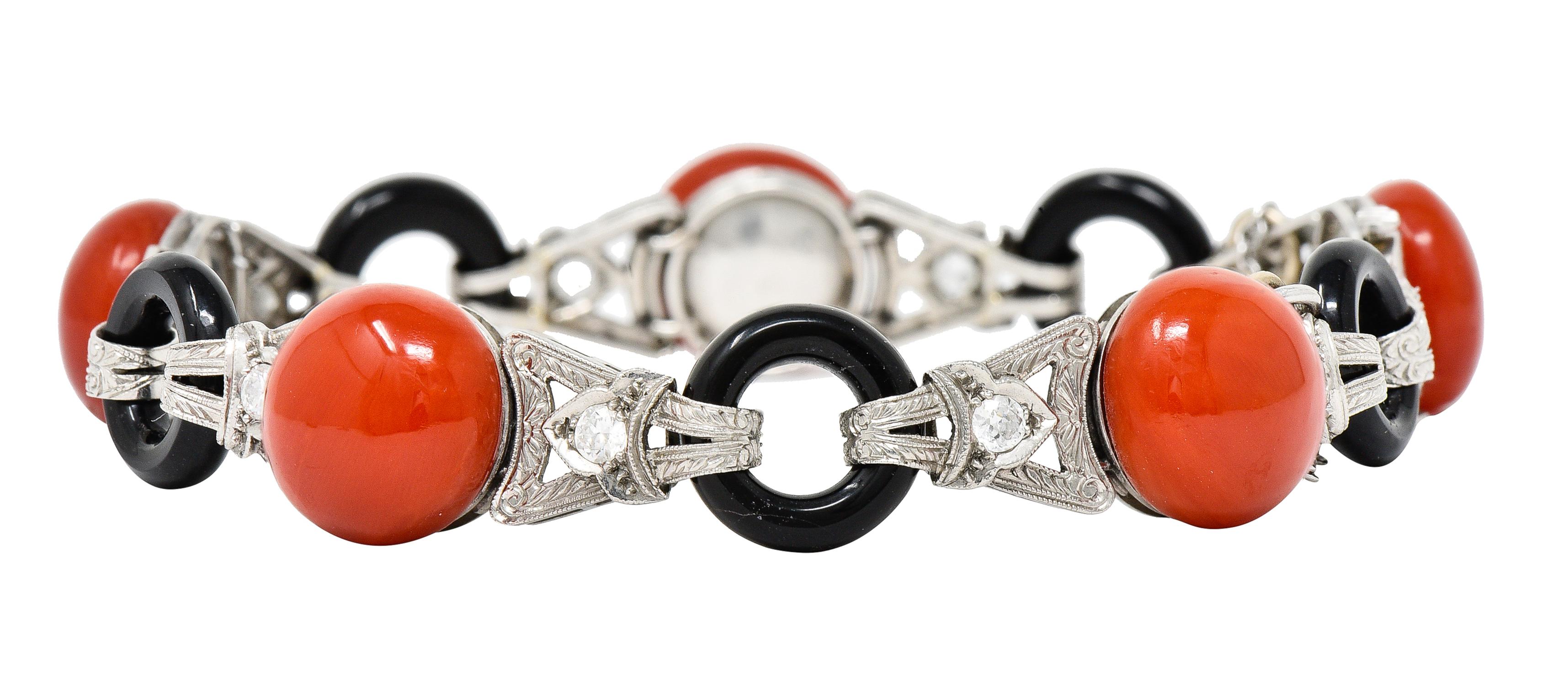 Art Deco Coral Onyx Diamond Platinum Engraved Link Gemstone Bracelet 4