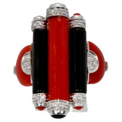 Art Deco Coral Onyx Diamond Ring 18K