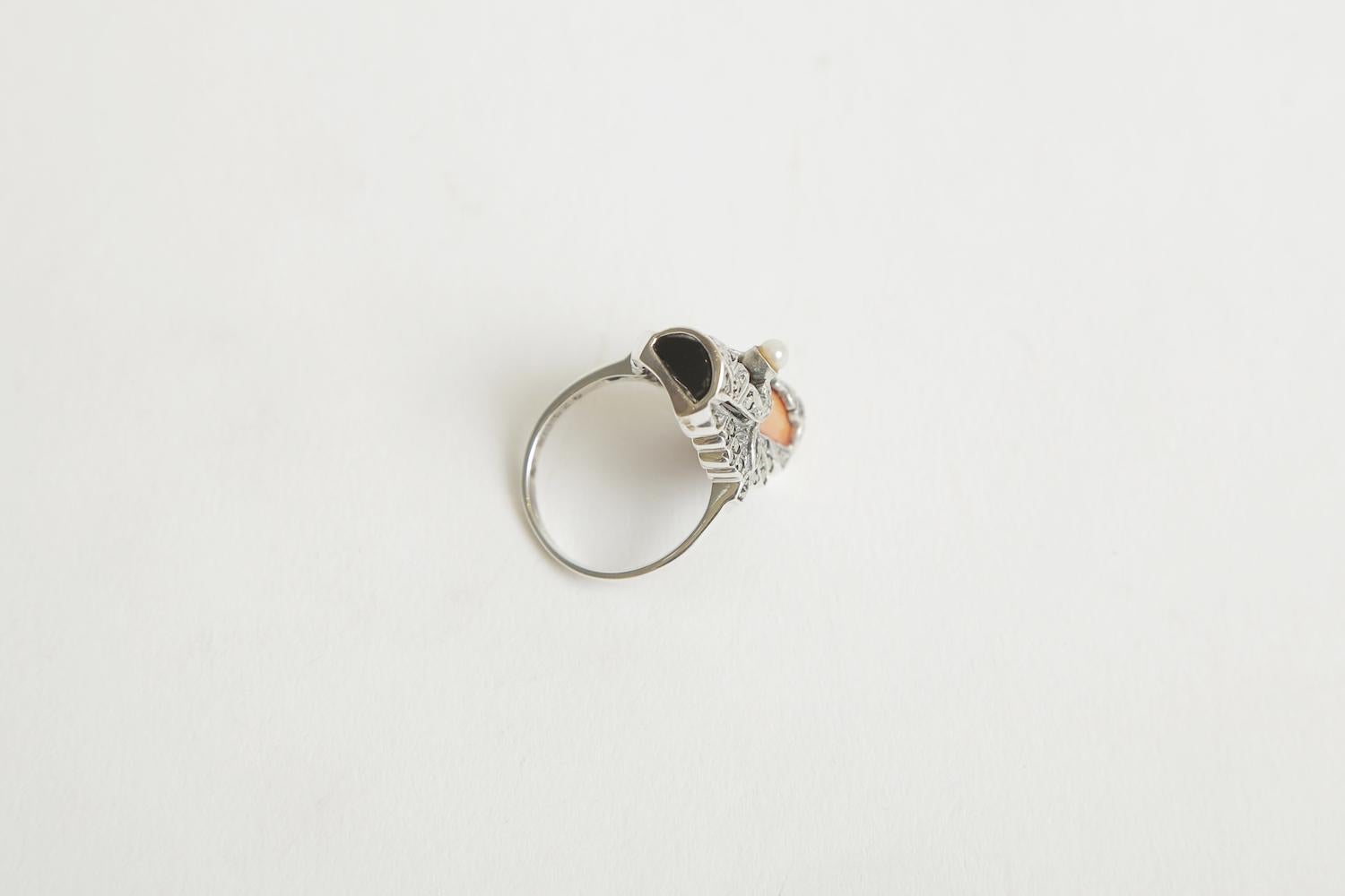 Art Deco Coral, Onyx, Pearl, Sterling Silver and Marquisette Ring For Sale 3