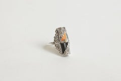 Art Deco Coral, Onyx, Pearl, Sterling Silver and Marquisette Ring