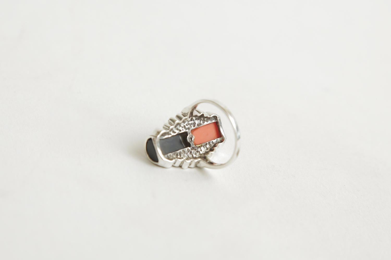Art Deco Coral, Onyx, Pearl, Sterling Silver and Marquisette Ring For Sale 1