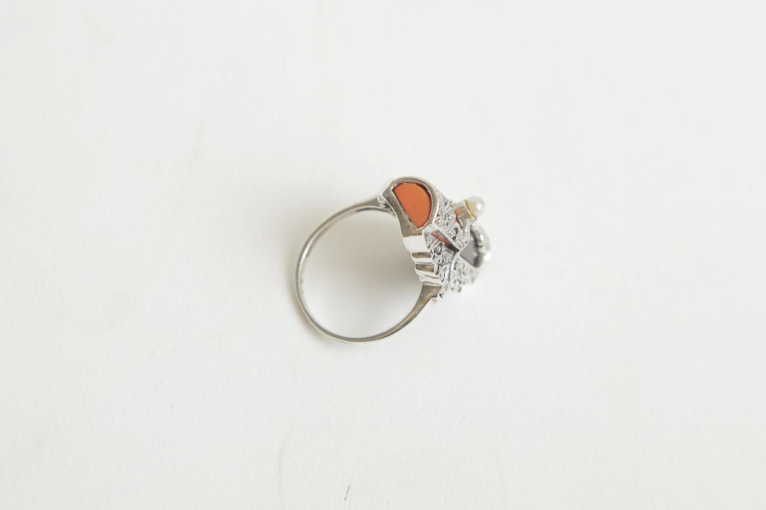 Art Deco Coral, Onyx, Pearl, Sterling Silver and Marquisette Ring For Sale 2