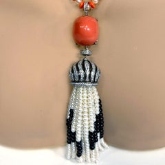 Art Deco Vintage Coral Pearl Diamond Costume Jewelry Tassel Necklace