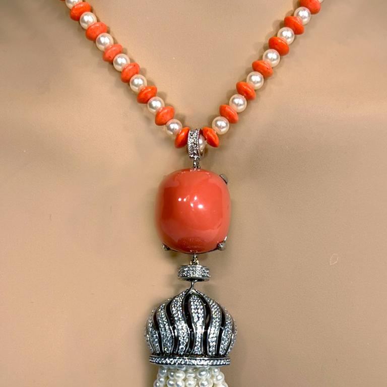 Brilliant Cut Art Deco Vintage Coral Pearl Diamond Costume Jewelry Tassel Necklace For Sale