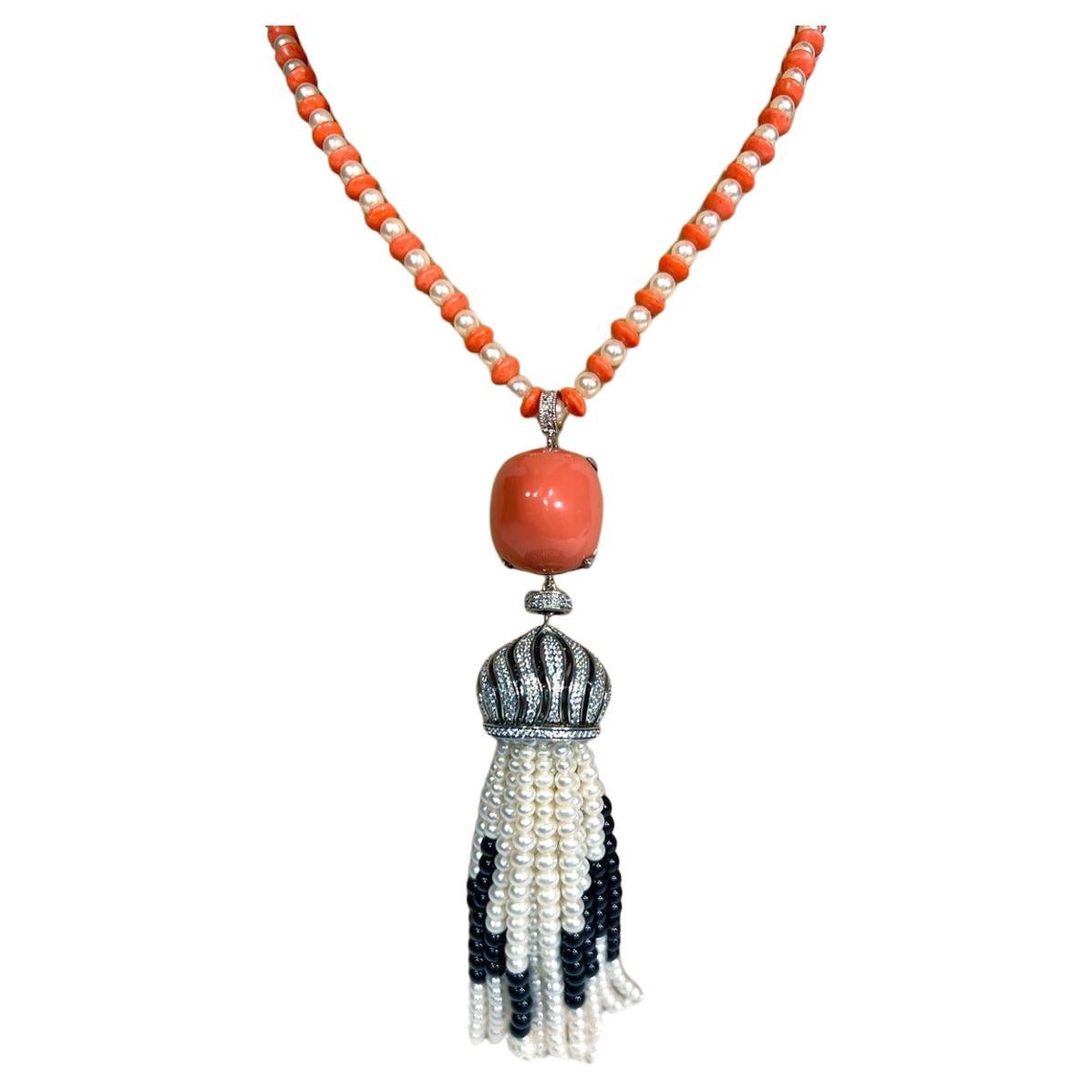 Art Deco Vintage Coral Pearl Diamond Costume Jewelry Tassel Necklace For Sale
