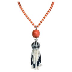 Art Deco Vintage Coral Pearl Diamond Costume Jewelry Tassel Necklace