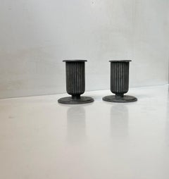 Art Deco Corinthian Column Candlesticks in Pewter, Sweden 1920s