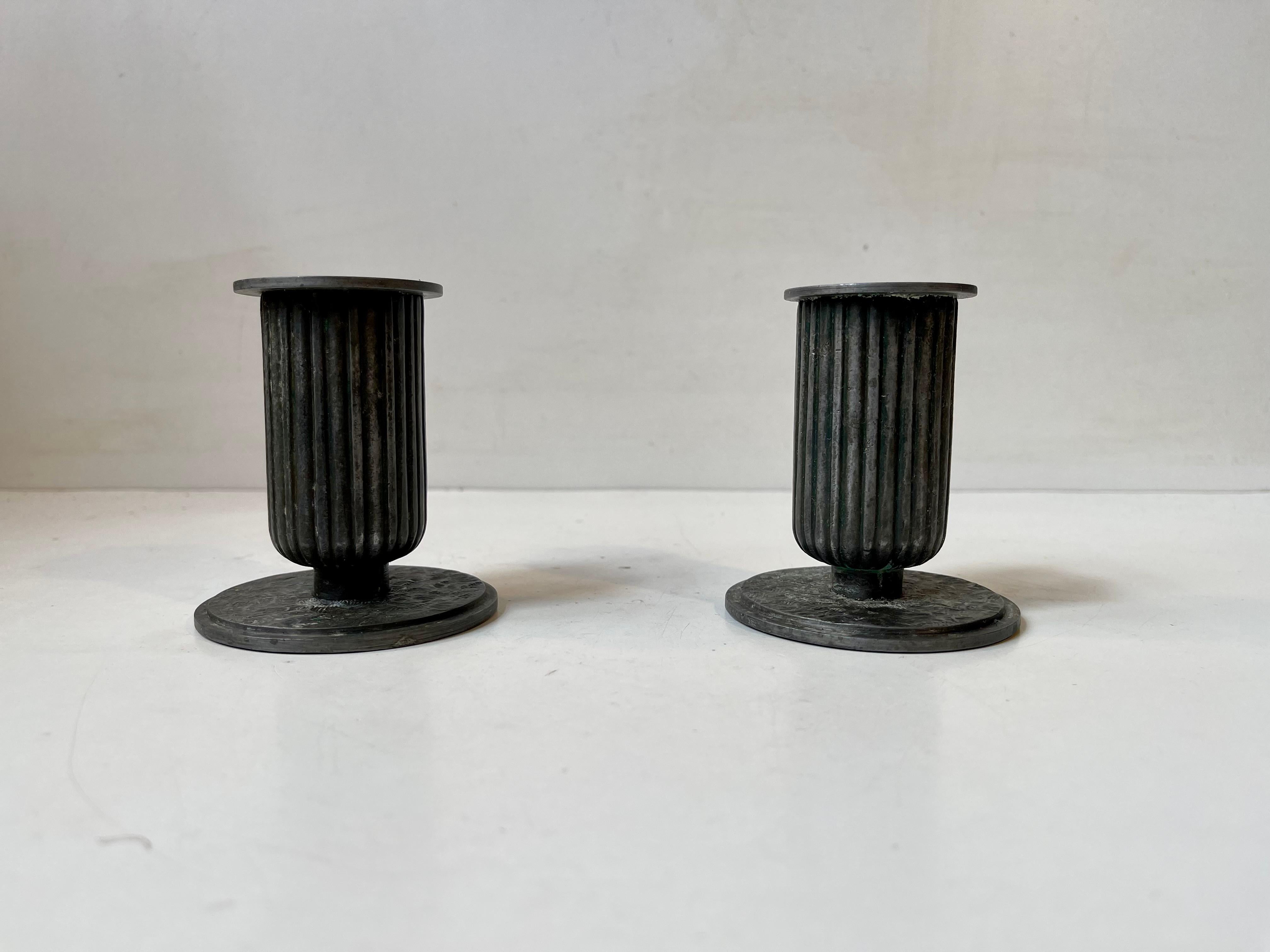 Art Deco Corinthian Column Candlesticks in Pewter, Sweden 1920s In Fair Condition For Sale In Esbjerg, DK