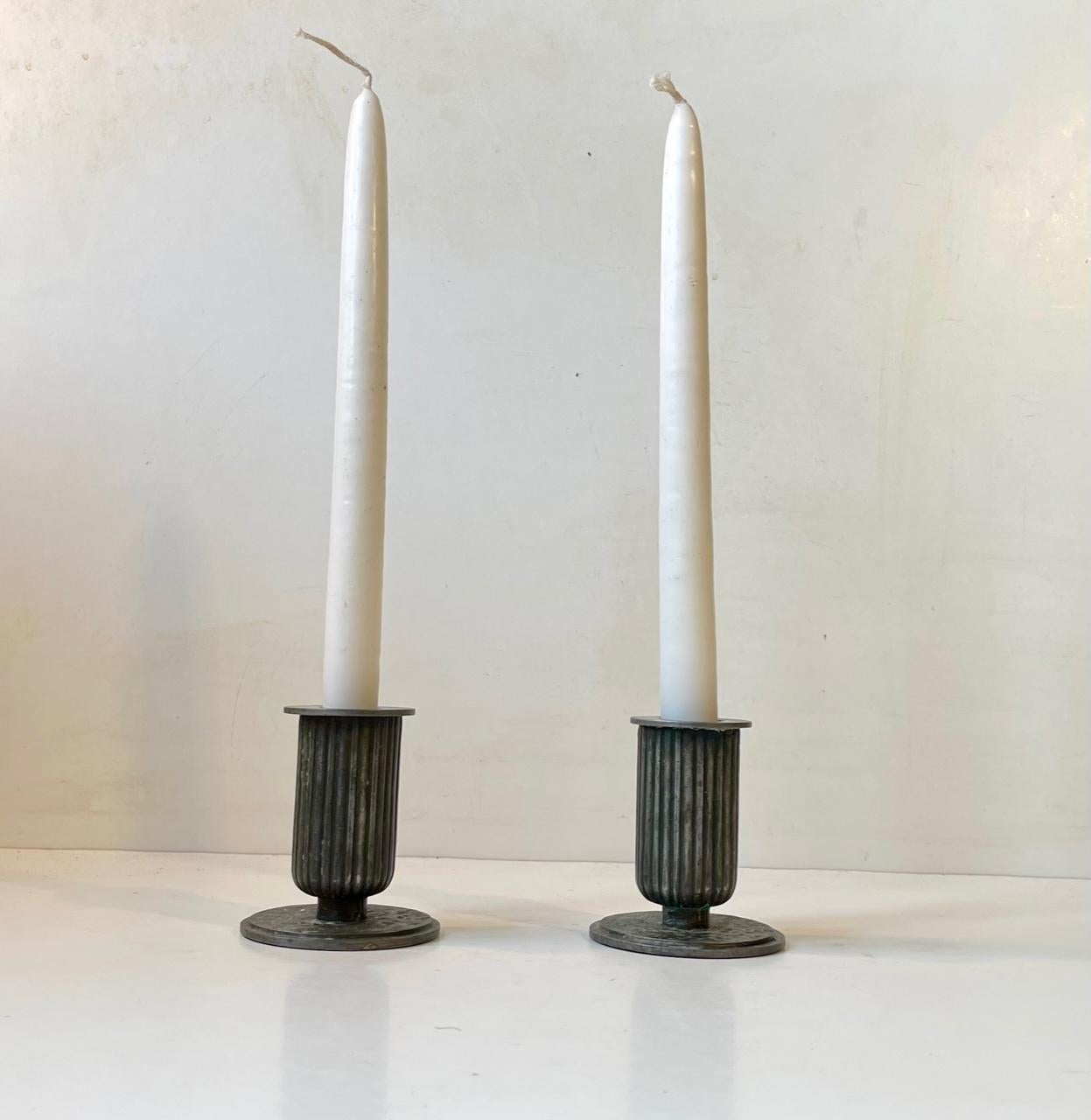 Early 20th Century Art Deco Corinthian Column Candlesticks in Pewter, Sweden 1920s For Sale