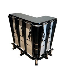 Art Deco Corner Bar, Black Lacquer, Parchment, Chrome, France circa 1950